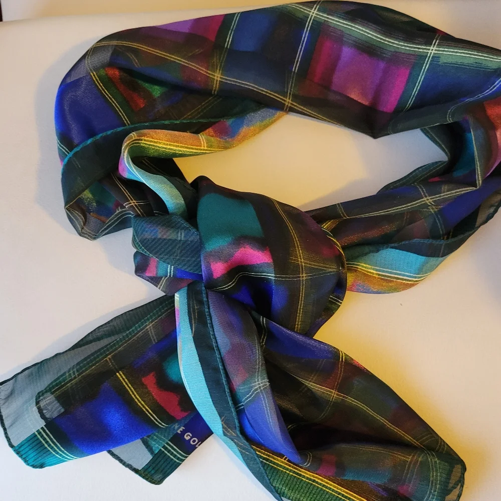Vintage Elaine Gold Scarf ~ Jewel Tones 70s(?) & single clip earring ~ Art deco-